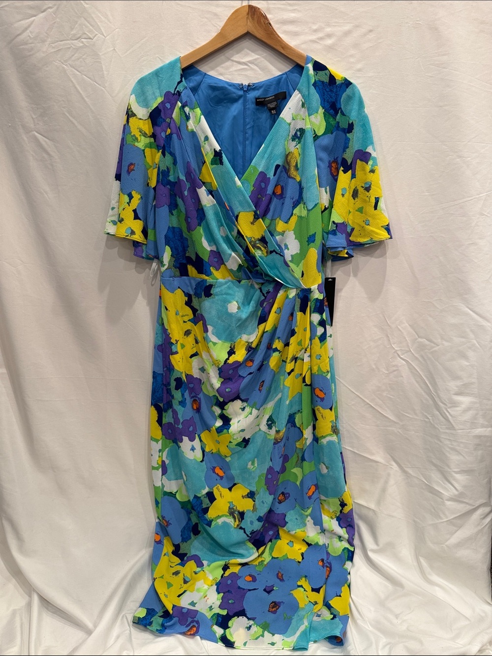 Maggy London Floral Wrap Midi Dress - Blue, Yellow, Purple Size 10